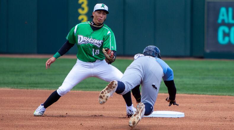 Dayton's Edwin Arroyo prepares to tag out Lake County's Juan Brito on a throw from catcher Mat Nelson during a game this season at Day Air Ballpark. CONTRIBUTED/Jeff Gilbert