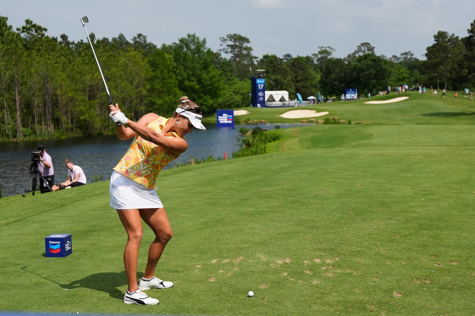 Lexi Thompson hits on the 17th hole during the first round of the Chevron Championship LPGA golf tournament Thursday, April 24, 2025, in The Woodlands, Texas. (AP Photo/Ashley Landis)