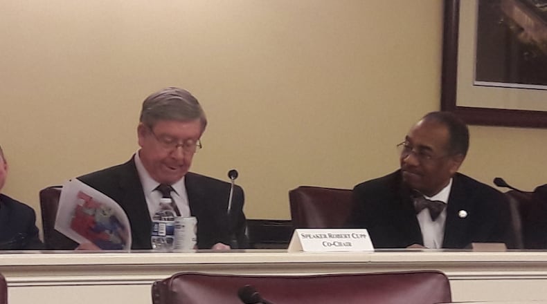 Ohio House Speaker Bob Cupp, R-Lima, (on left) looks over legislative district proposals for the Columbus and Cincinnati areas Jan. 20, 2022, as state Sen. Vernon Sykes, D-Akron, smiles. Cupp and Sykes co-chair the Ohio Redistricting Commission.