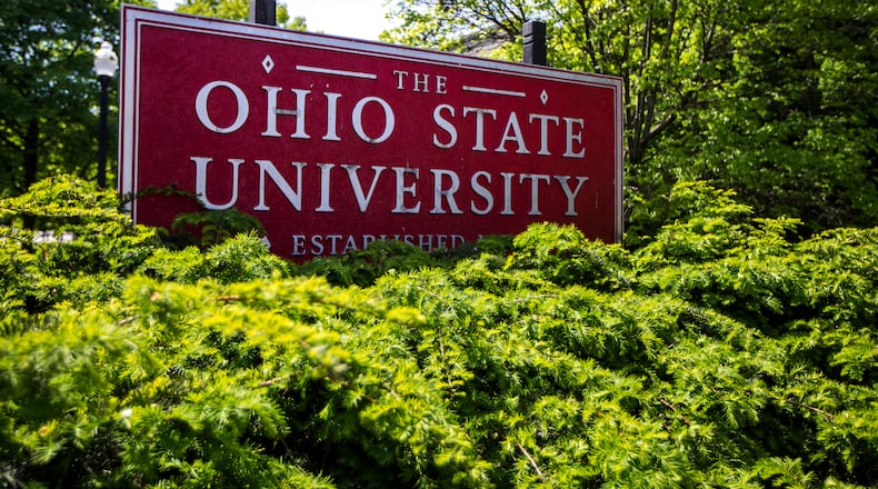 FILE - This May 8, 2019, file photo, shows a sign for Ohio State University in Columbus, Ohio. (AP Photo/Angie Wang, File)