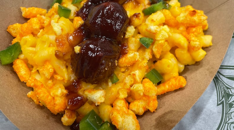 Opening Day is right around the corner at Day Air Ballpark. Pictured is the BBQ Meatball Mac and Cheese Bowl. NATALIE JONES/STAFF