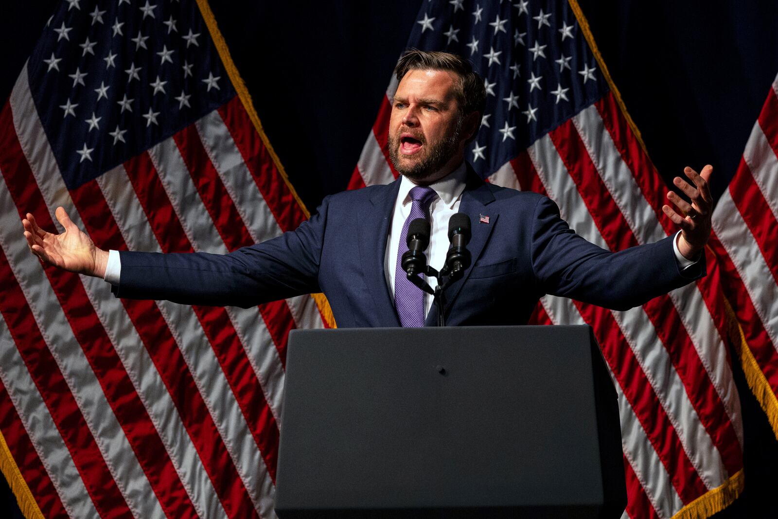 FILE - Vice President JD Vance speaks during the Ohio Republican Party dinner, June 24, 2025, in Lima, Ohio. (AP Photo/Lauren Leigh Bacho, File)
