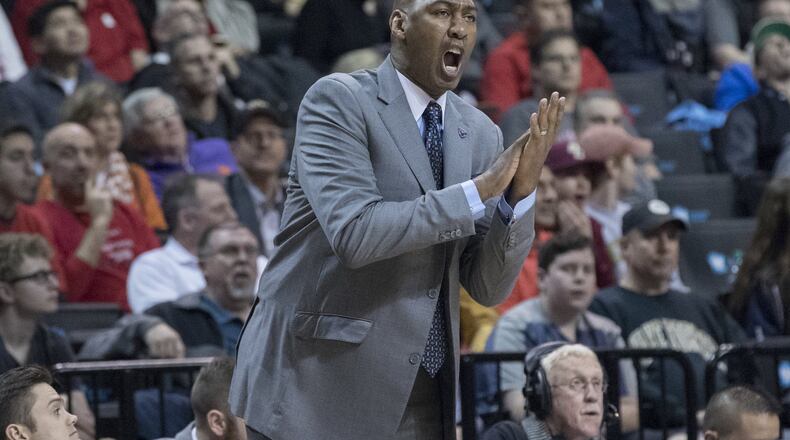 Wake Forest head coach Danny Manning reacts during the first half of an NCAA college basketball game against Boston College in the Atlantic Coast Conference tournament, Tuesday, March 7, 2017, in New York. (AP Photo/Mary Altaffer)