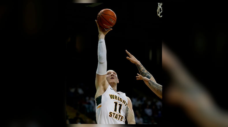 Wright State University center Loudon Love scores against Detroit Mercy during their Horizon League game at the Nutter Center in Fairborn Thursday, Feb. 6, 2020. love scored 13 points and grabbed 11 rebounds in Saturday’s win over Oakland. Contributed photo by E.L. Hubbard