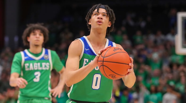 Chaminade Julienne High School senior Evan Dickey shoots a free throw during a Division II state semifinal game on Friday morning at University of Dayton Arena. CONTRIBUTED BY MICHAEL COOPER