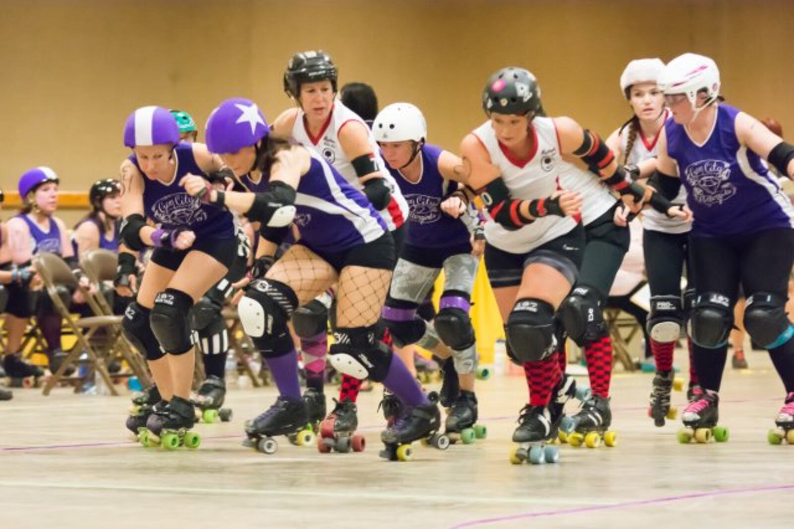 Gem City Rollergirls Demented Damsel, Hostile Hellion, Painbow Dash and Princess Troublegum during a match. (Source: Contributed)