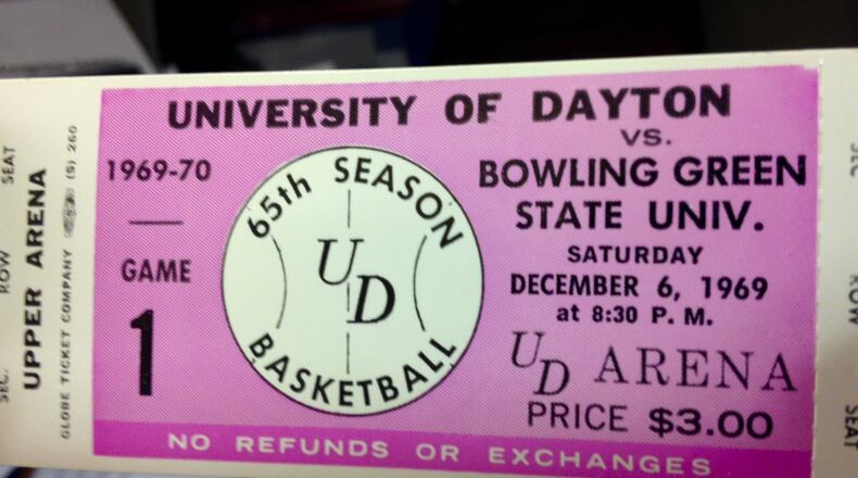 This is a ticket from the first Flyers basketball game at UD Arena in 1969. Gary McCans, former director of premium seating, has boxes of old tickets from arena games and concerts. BRIAN KOLLARS / STAFF
