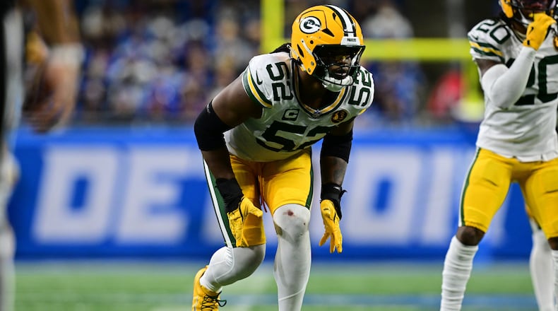 FILE - Green Bay Packers defensive end Rashan Gary lines up during the second half of an NFL football game against the Detroit Lions in Detroit, Nov. 27, 2025. (AP Photo/David Dermer, file)