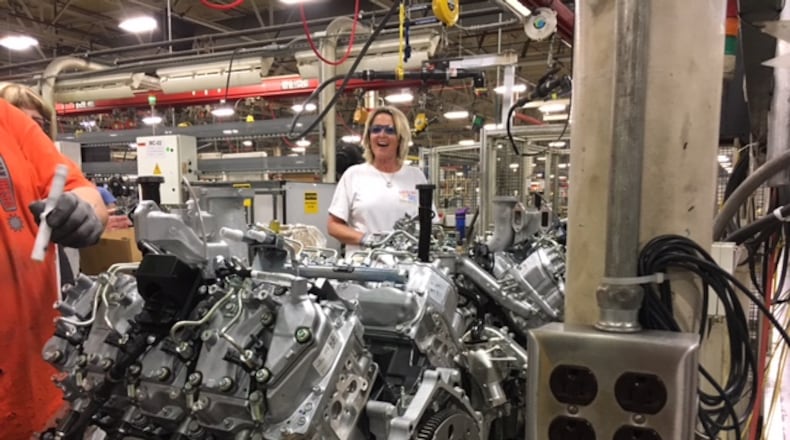 Maggie Floyd is part of a team of assembly workers at the DMAX truck engine plant in Moraine, in a photo taken in 2016. THOMAS GNAU/STAFF