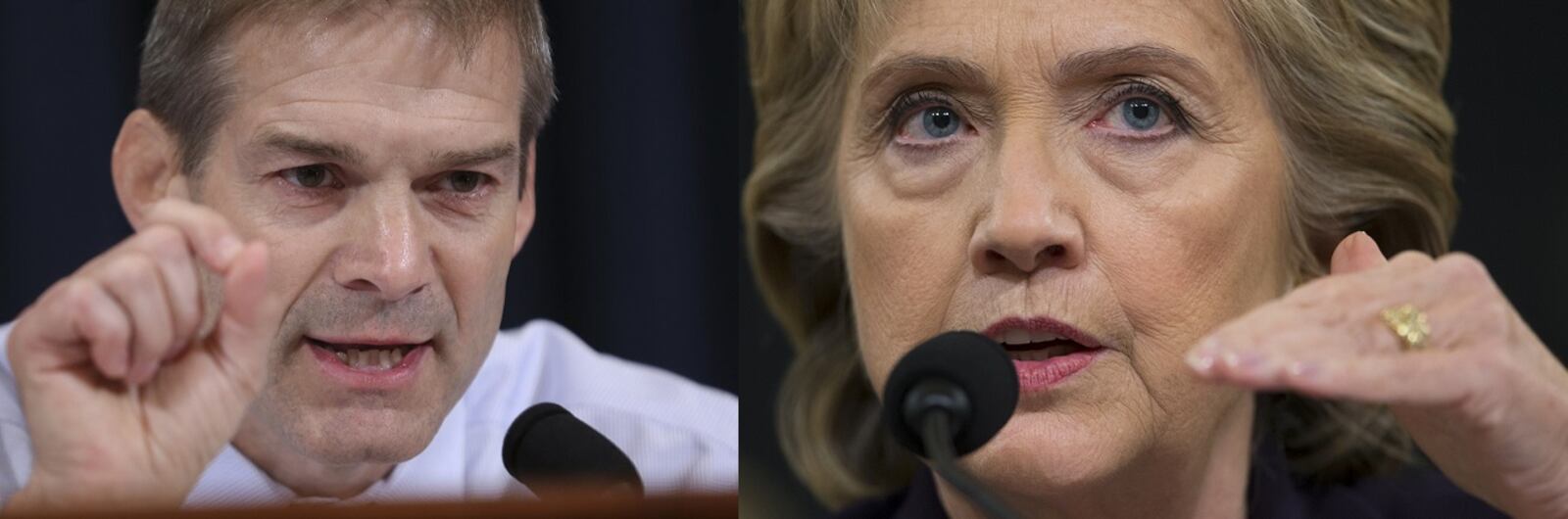 Rep. Jim Jordan (R-Ohio) questions former Secretary of State Hillary Clinton during a hearing before the House Select Committee on Benghazi, on Capitol Hill in Washington, Oct. 22, 2015. Clinton confronted Republican critics on the committee Thursday with a challenge to “reach for statesmanship” in their long-running inquiry into the 2012 attacks that killed four Americans. (Doug Mills/The New York Times)