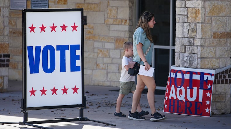 Voters in central Texas make their way to an active polling station to vote in Pflugerville, Texas, Tuesday, March 3, 2026. (Ricardo B. Brazziell/Austin American-Statesman via AP)