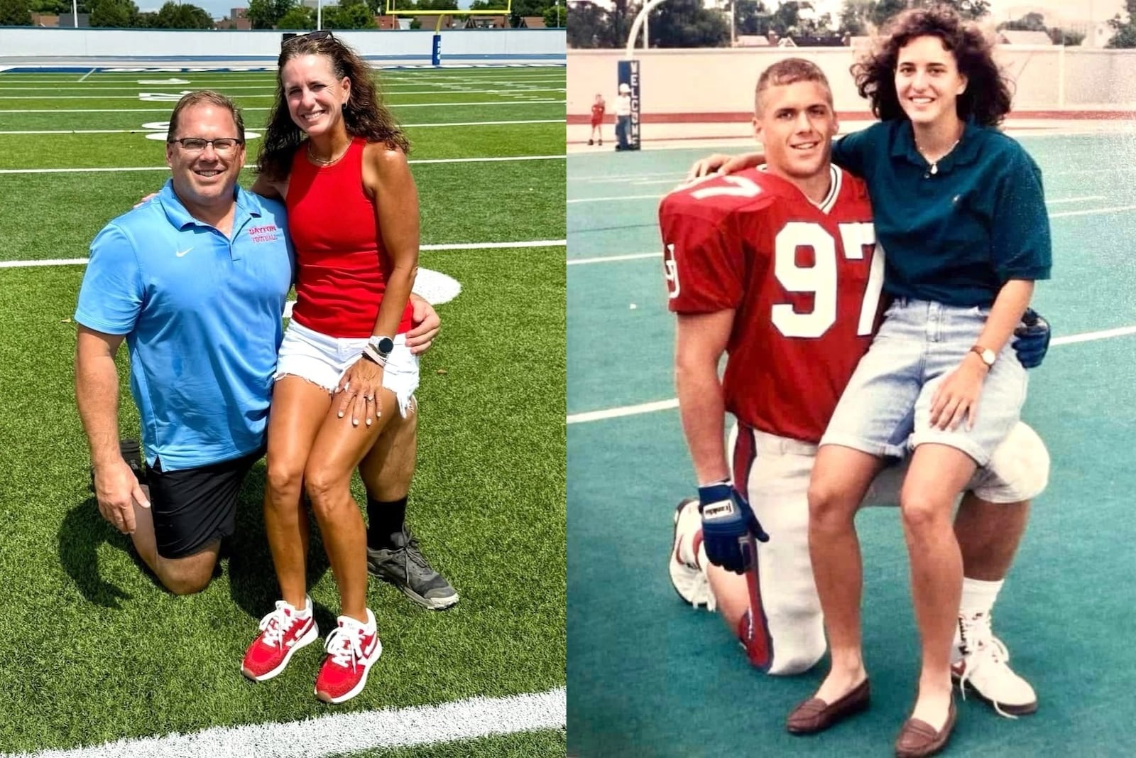 In a recreation of their photo 32 years earlier, Amy Lochow poses on her husband Steve’s knee at UD’s recent football Media Day just as she did before the Flyers 1993 season when he was an All-American defensive lineman for UD and she was a Furman University tennis player. Today Steve and Amy are both doctors in Huntington, West Virginia. He’s an orthopedic surgeon and she’s a pediatrician. Their son Gavin is the star wide receiver of the Flyers. CONTRIBUTED PHOTOS
