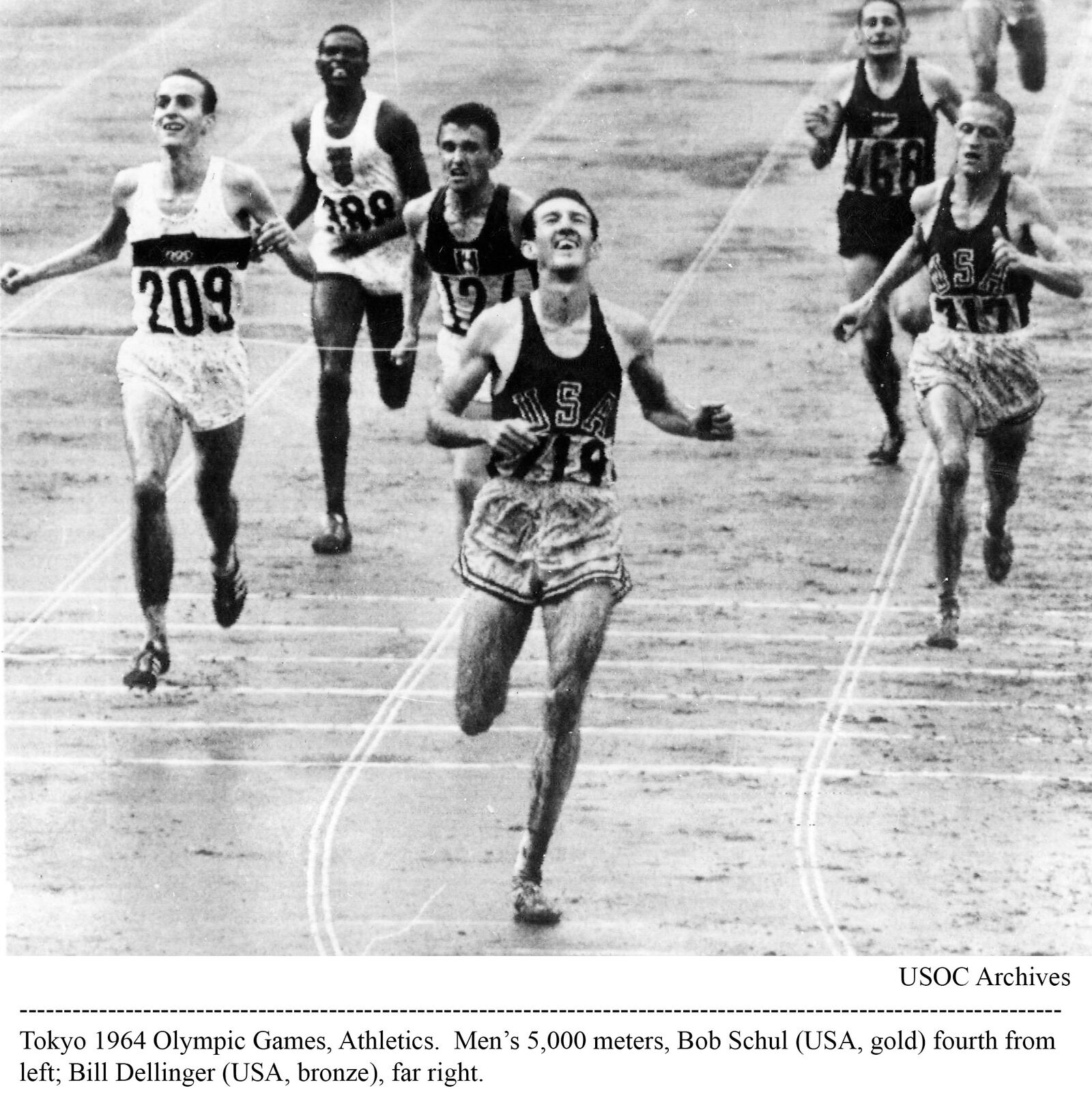 Bob Schul crossed the finish line to become the first American and only American to win the 5,000 meters in the Olympics at the Tokyo Games on Oct. 18, 1964. Photo courtesy of USOC archives.