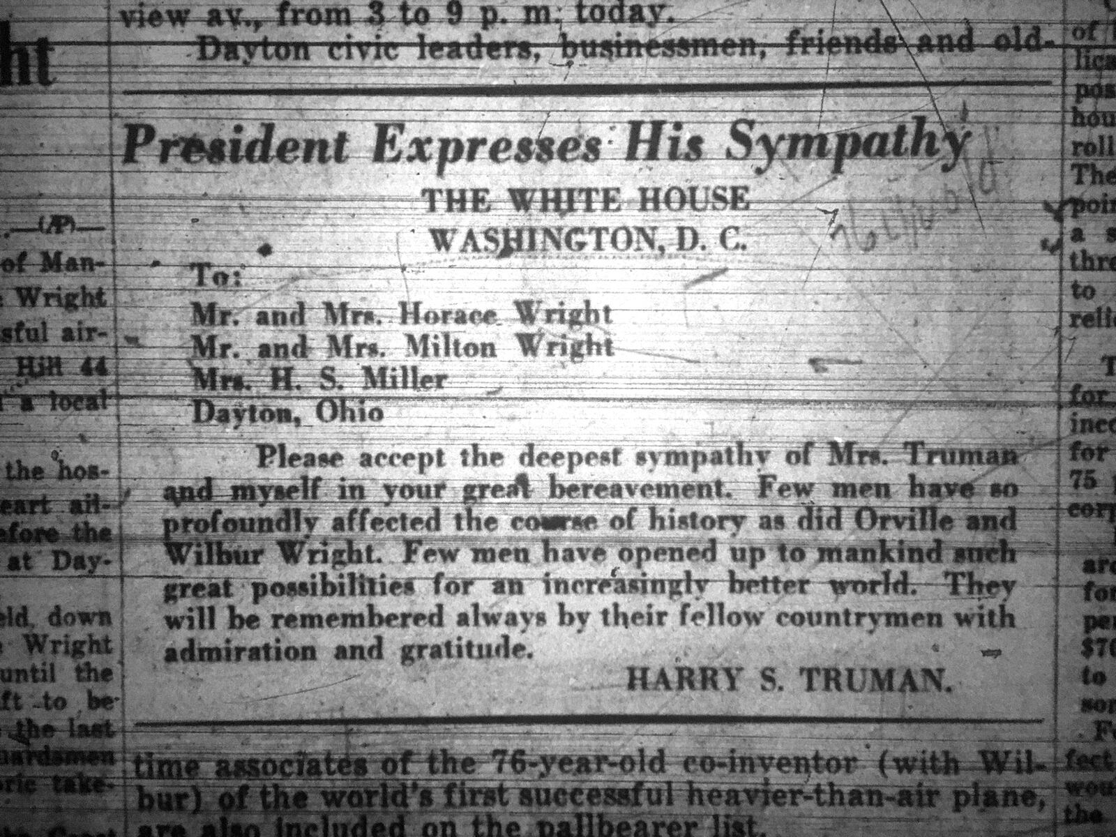 President Harry S. Truman sent his condolences to the Wright family after the death of Orville Wright in 1948. The letter was published in the Dayton Daily News. DAYTON DAILY NEWS ARCHIVE