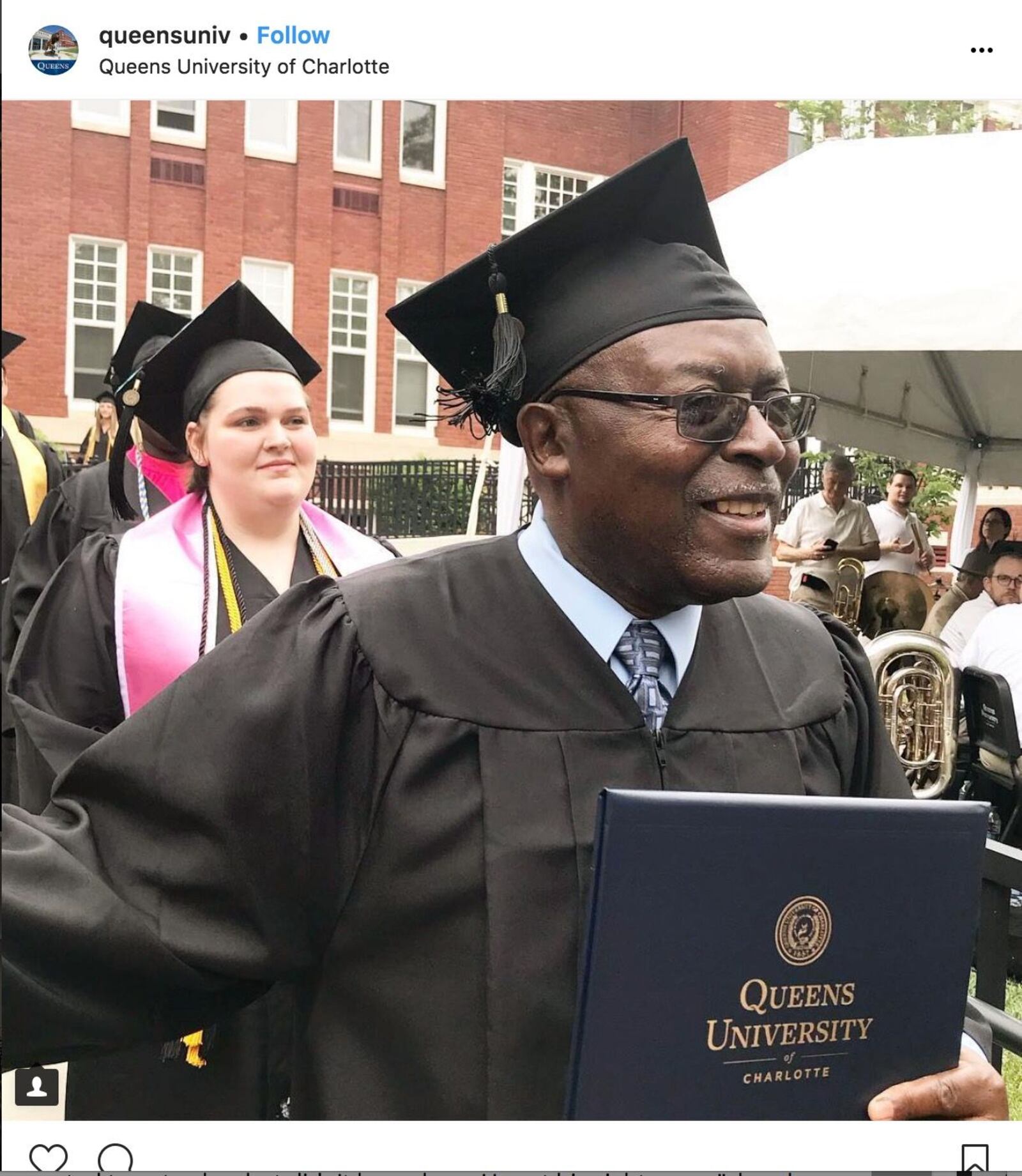 An Instagram post from Queens University in Charlotte, North Carolina, celebrates the graduation of Freddie Sherrill.