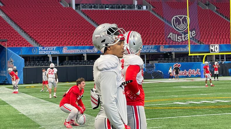 Alter grad C.J. Hicks at Ohio State's College Football Playoff semifinal practice at Mercedes Benz Stadium in Atlanta. Marcus Hartman/STAFF