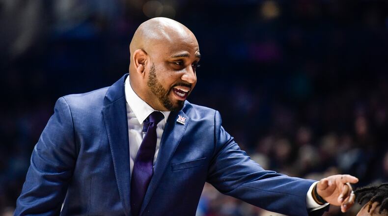 Miami’s head men’s basketball coach Jack Owens talks to his team during their basketball game against Xavier Wednesday, Nov. 28, 2018, at Xavier’s Cintas Center in Cincinnati. Xavier won 82-55. NICK GRAHAM/STAFF