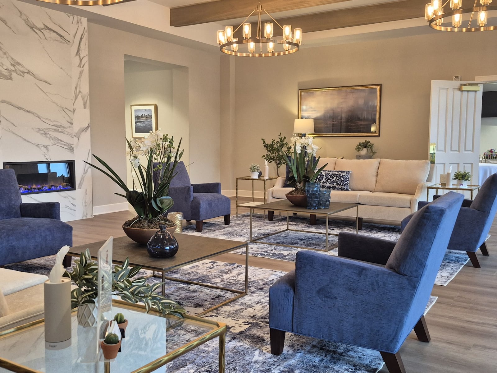 The rebuilt Tobias Funeral Home Far Hills Chapel offers multiple chapels, a coffee lounge and a meticulously decorated greeting area for intimate conversations or quiet reflection. MICHAEL KURTZ / STAFF