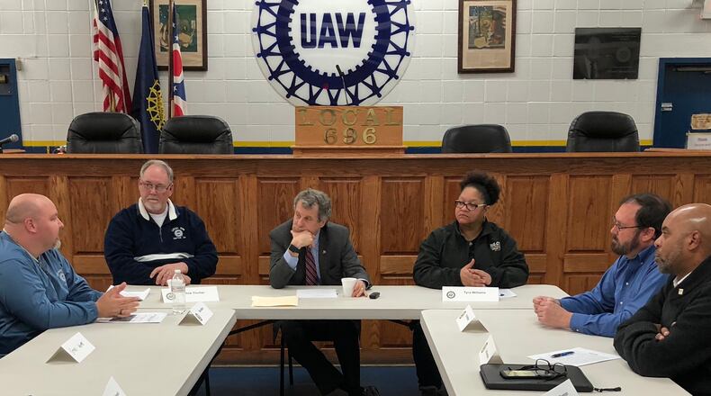 U.S. Sen. Sherrod Brown, D-Ohio, held a roundtabled discussion on NAFTA in Dayton at the United Autoworkers Local 696 union hall earlier this month. LYNN HULSEY/STAFF