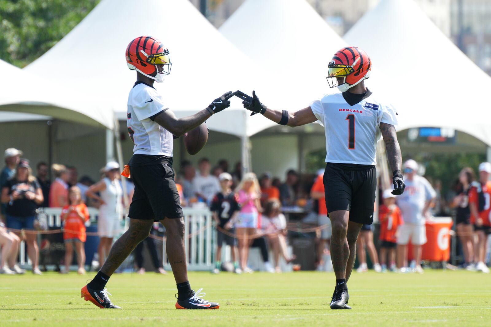 Cincinnati Bengals Tee Higgins, left, celebrates with teammate Ja'Marr Chase (1) during practice at the team's NFL football training camp, Thursday, July 24, 2025, in Cincinnati. (AP Photo/Jeff Dean)