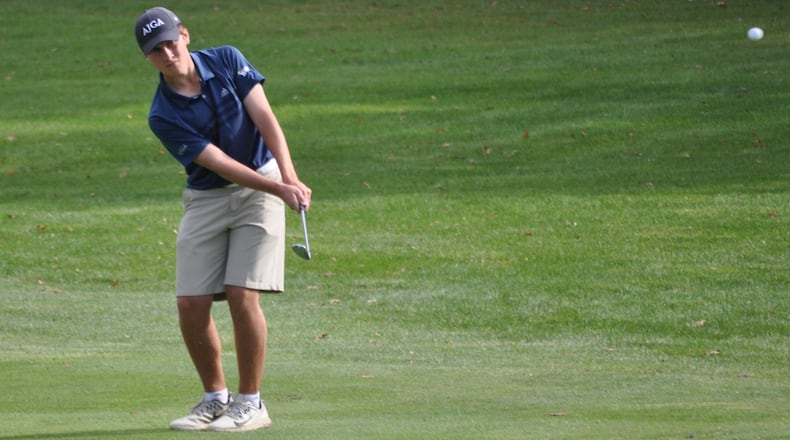 Springfield golfer Lucas Wells competes on the second day of the state tournament at the Ohio State University’s Scarlet course Oct. 21, 2017. NICK DUDUKOVICH / CONTRIBUTED