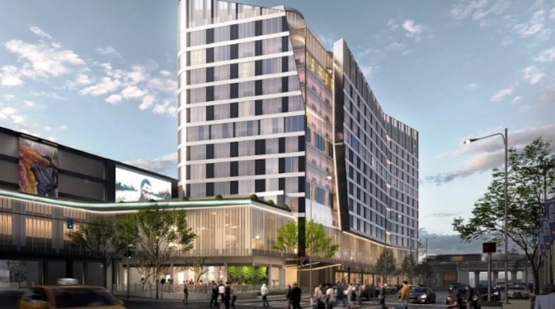 A concept rendering of what a new hotel could look like on South Jefferson Street, south of East Fifth Street, across from the Dayton Convention Center. CONTRIBUTED BY MEYERS + ASSOCIATES ARCHITECTURE