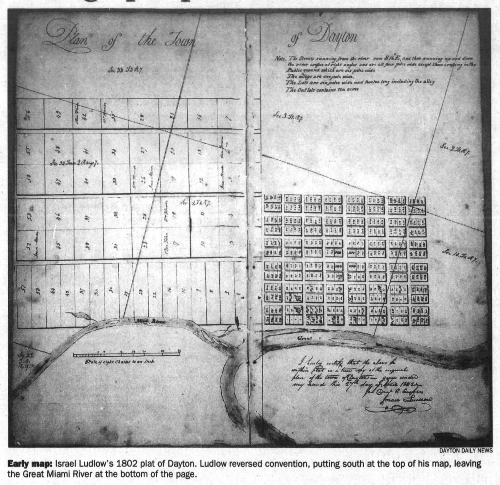 Israel Ludlow's 1802 plat of Dayton. DAYTON DAILY NEWS ARCHIVES