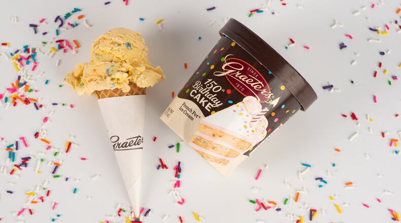 Graeter’s new “Birthday Cake” ice cream flavor is a blend of cake pieces and sprinkles in cake batter ice cream. CONTRIBUTED PHOTO