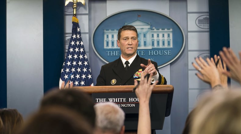 Dr. Ronny Jackson, the White House physician, discusses President Donald Trump’s health at the White House in Washington, Jan. 16, 2018. After weeks of uncertainty atop the Department of Veterans Affairs, President Trump on March 28, 2018, said he plans to replace its secretary, David Shulkin, with Jackson, the president’s personal physician who is a rear admiral in the Navy. (Doug Mills/The New York Times)