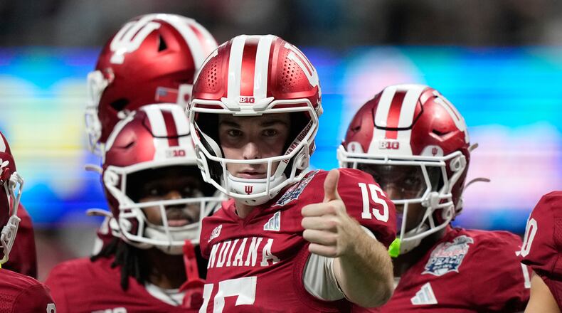 Indiana quarterback Fernando Mendoza (15) reacts during the second half of the Peach Bowl NCAA college football playoff semifinal against Oregon, Friday, Jan. 9, 2026, in Atlanta. (AP Photo/Brynn Anderson)