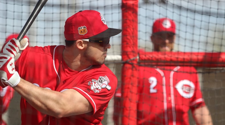 Reds left fielder Adam Duvall prepares to take a swing during batting practice last week in Goodyear, Ariz. MIKE HARTSOCK/STAFF