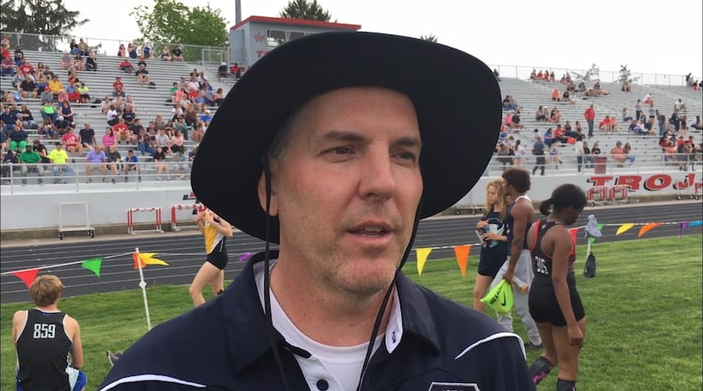 GWOC commissioner Eric Spahr addresses the 10 teams that will leave the GWOC and reform the MVL during GWOC track and field championships at Troy’s Memorial Stadium on Friday, May 11, 2018. MARC PENDLETON / STAFF