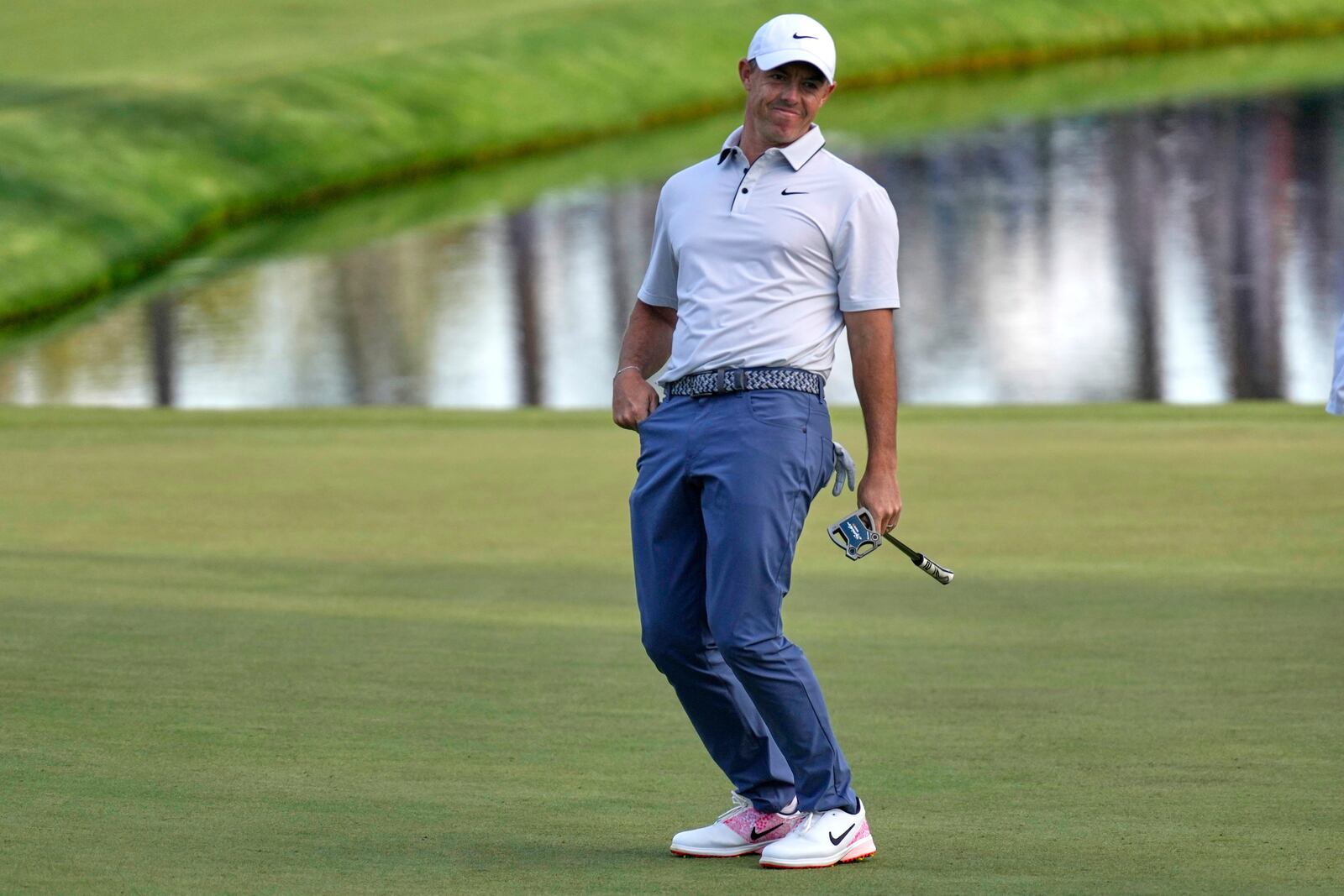Rory McIlroy, of Northern Ireland, reacts after missing a putt on the 16th hole during the third round at the Masters golf tournament, Saturday, April 12, 2025, in Augusta, Ga. (AP Photo/George Walker IV)