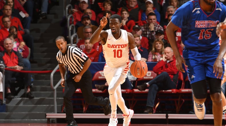Dayton point guard Jalen Crutcher scored 19 points and dished out five assists in the Flyers’ 81-69 win over Presbyterian on Saturday at UD Arena. Erik Schelkun/CONTRIBUTED