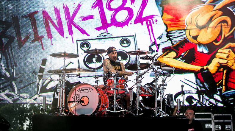 Blink 182 performs on the Ford stage at the end of SunFest in downtown West Palm Beach on May 7, 2017.  (Richard Graulich / The Palm Beach Post)