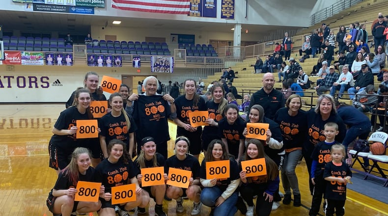 Beavercreek girls basketball coach Ed Zink won his 800th career game Tuesday night as the Beavers beat Troy in a Division I tournament game. Eric Frantz/CONTRIBUTED