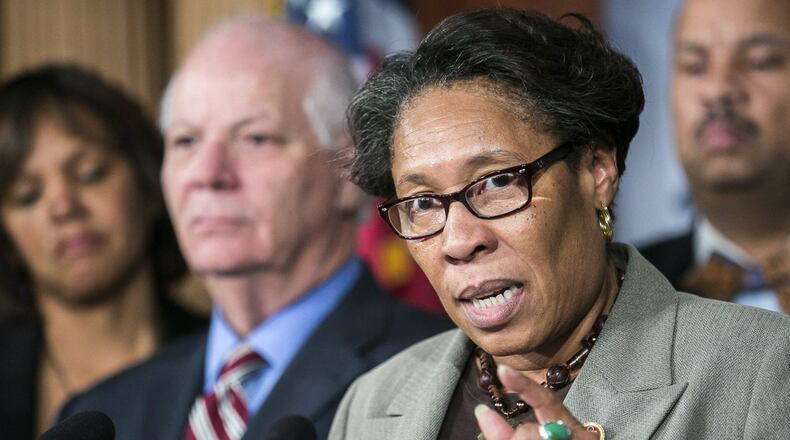 Rep. Marcia Fudge (D-Ohio) speaks during a news conference to address the Senate's failure to confirm a United States District Court judicial nominee at the Capitol in Washington, Nov. 18, 2013. Senate Republicans on Monday blocked a third consecutive Obama administration nominee to the U.S. District Court and insisted they would not back down, inflaming a bitter debate over a president's right to shape the judiciary. (T.J. Kirkpatrick/The New York Times)