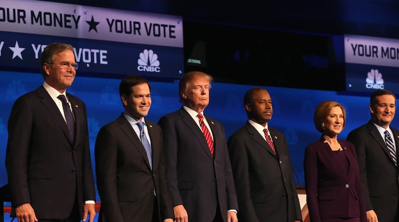 BOULDER, CO - OCTOBER 28: Presidential candidates Jeb Bush (L-R), Sen. Marco Rubio (R-FL), Donald Trump, Ben Carson, Carly Fiorina, Ted Cruz (R-TX), take the stage at the CNBC Republican Presidential Debate at University of Colorados Coors Events Center October 28, 2015 in Boulder, Colorado. Fourteen Republican presidential candidates are participating in the third set of Republican presidential debates. (Photo by Justin Sullivan/Getty Images)