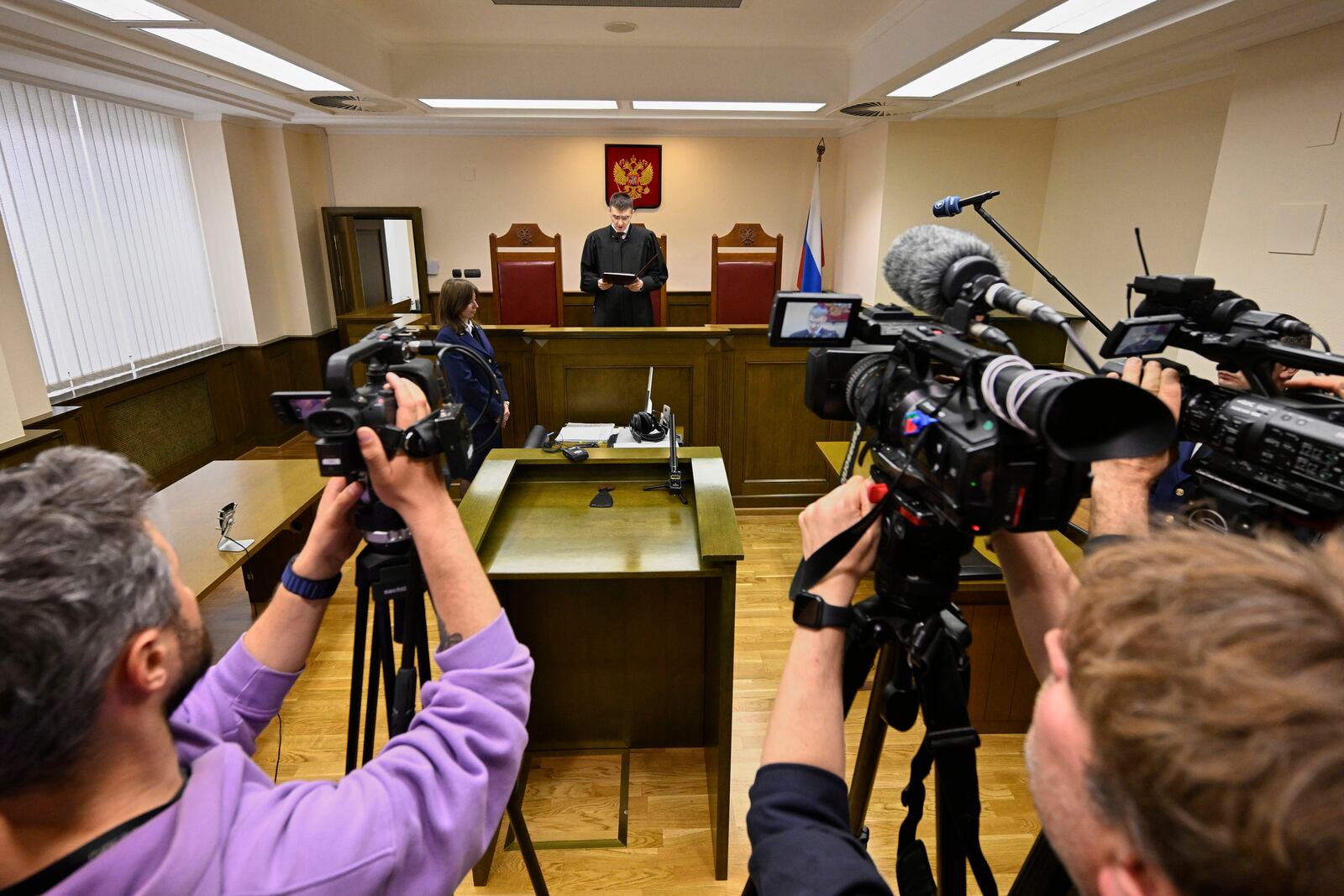 Russia's Supreme Court judge Oleg Nefyodov delivers a verdict lifting a ban on Afghanistan's Taliban, who were designated as a terrorist group more than two decades ago, in Moscow, Russia, Thursday, April 17, 2025. (AP Photo/Dmitry Serebryakov)
