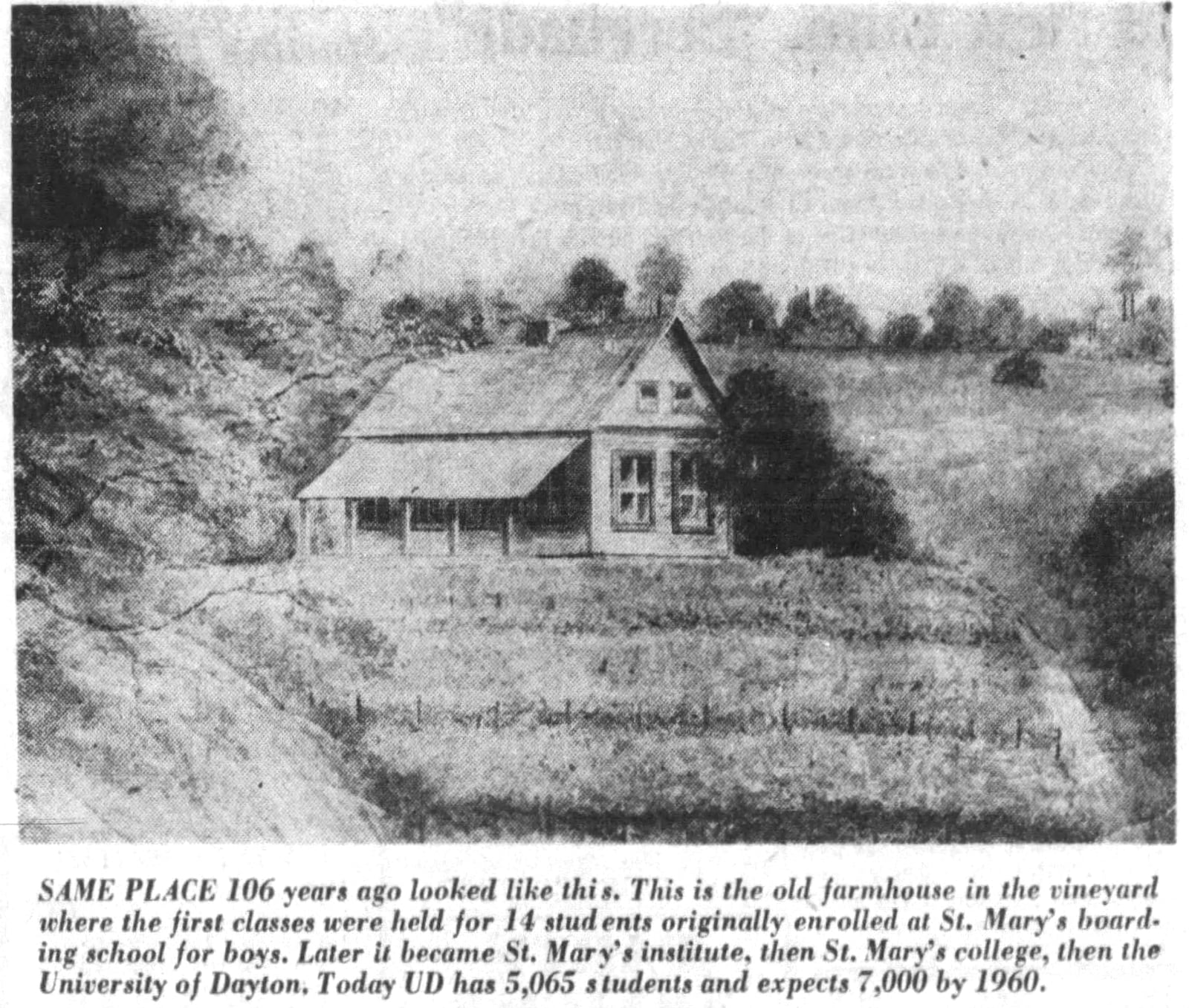 The first classes at St. Mary’s School for Boys were held in a wooden farmer’s cottage on a 125-acre site. THE JOURNAL HERALD ARCHIVES 1956.