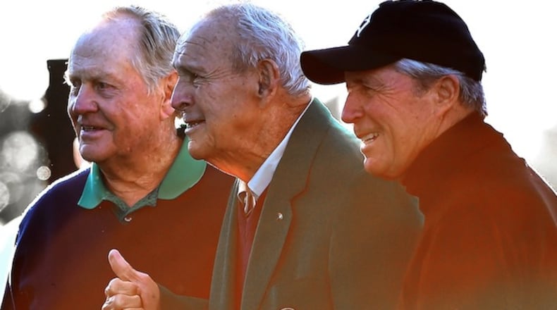 Honorary Starters Jack Nicklaus, left, Arnold Palmer, center and Gary Player, right, pose for photographs at Augusta National Golf Club on April 7, 2016 Augusta, Ga. (Jeff Siner/Charlotte Observer/TNS)