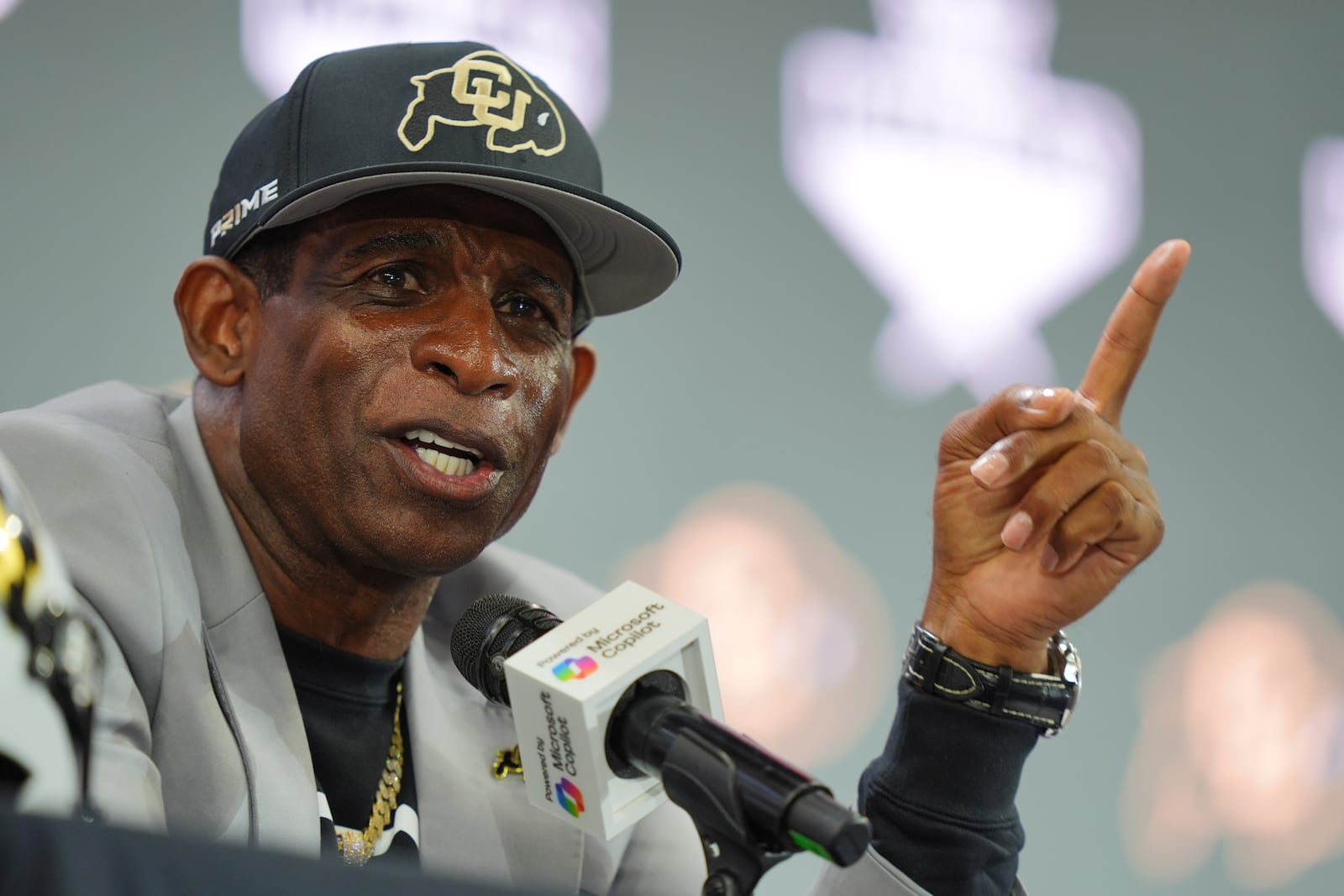 Colorado head coach Deion Sanders speaks during the Big 12 NCAA college football media day in Frisco, Texas, Wednesday, July 9, 2025. (AP Photo/LM Otero)