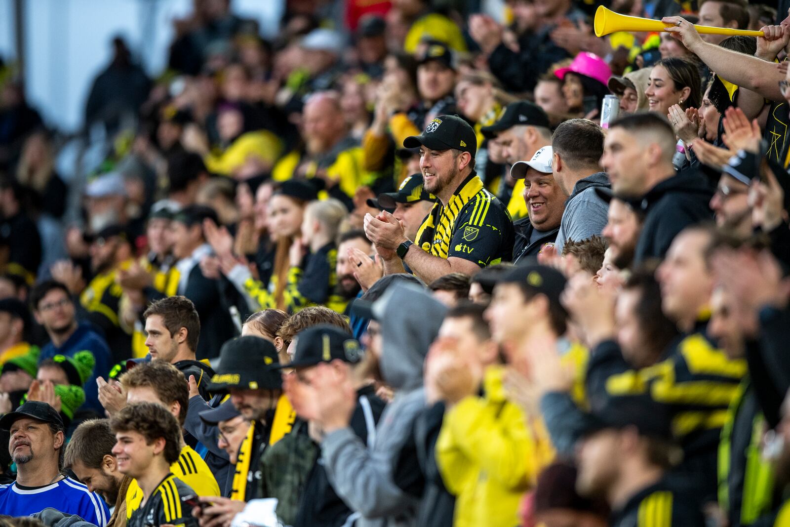 Columbus Crew fans cheer prior to a MLS soccer match against CF Montréal, Saturday, April 5, 2025, in Columbus, Ohio. (AP Photo/Tanner Pearson)