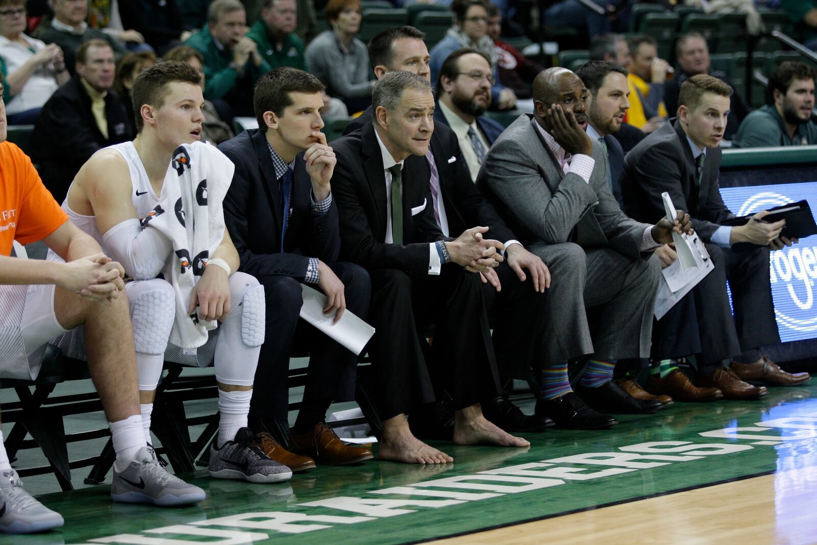 Stomping his feet was out of the question for Wright State coach Scott Nagy on Friday night, so he had to get his players’ attention in other ways. TIM ZECHAR / CONTRIBUTED