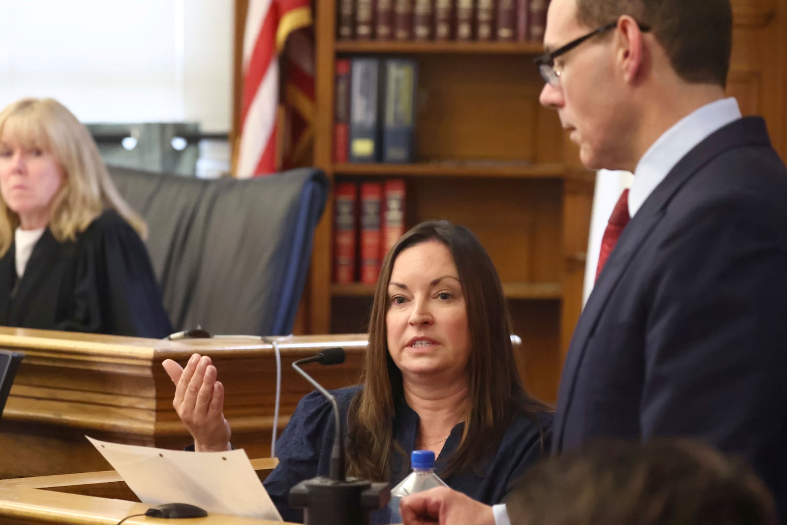 Kerry Roberts, who was with Karen Read when the body of Read's police officer boyfriend John O’Keefe was discovered is questioned by Special Prosecutor Hank Brennan at Read's second murder trial on Tuesday, April 22, 2025, in Dedham, Mass. (Stuart Cahill/The Boston Herald via AP, Pool)