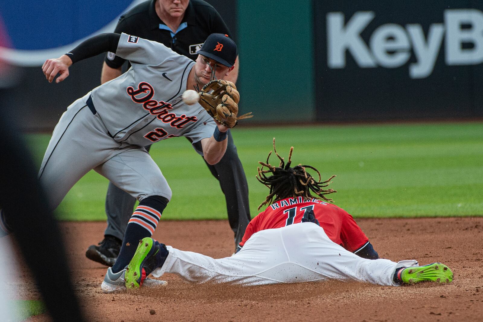 Detroit Tigers' Trey Sweeney waits for the throw as Cleveland Guardians' Jose Ramirez steals second base during the fourth inning of a baseball game, Saturday, July 5, 2025, in Cleveland. (AP Photo/Phil Long)