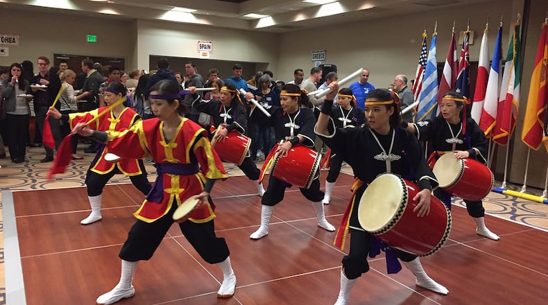Japanese drummers from Okinawa entertain patrons at the International Fair April 16 at the Holiday Inn in Fairborn. The fair brought together the cultures of 19 countries with partnership ties to Wright-Patterson Air Force Base. (Skywrighter photo/Amy Rollins)