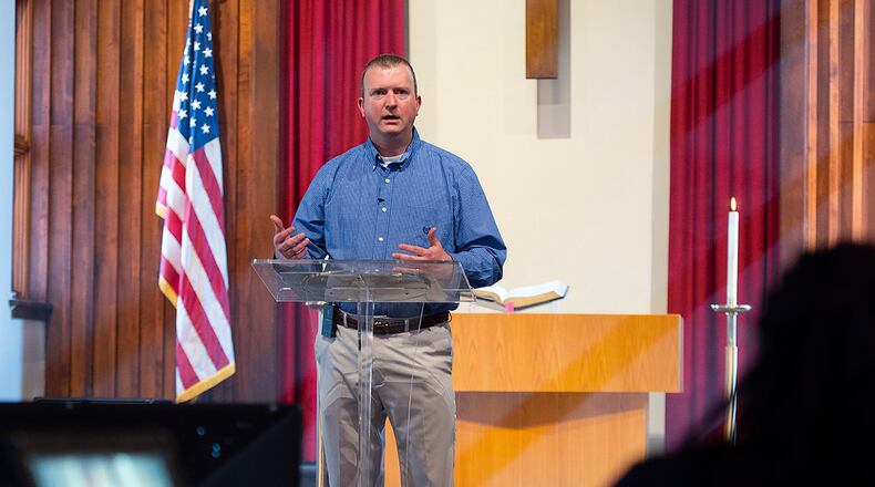 Chaplain (Maj.) Tom Fussell, 88th Air Base Wing deputy chaplain, delivers the sermon during Protestant services Feb. 27 in Kittyhawk Chapel at Wright-Patterson Air Force Base. The chapel livestreams the service because of COVID-19 occupancy restrictions. U.S. AIR FORCE PHOTO/R.J. ORIEZ