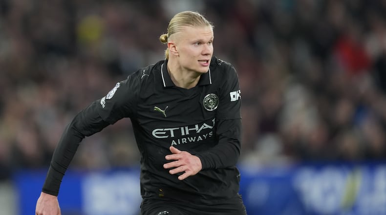 Manchester City's Erling Haaland runs for the ball during the English Premier League soccer match between West Ham United and Manchester City in London, England, Saturday, March 14, 2026. (AP Photo/Dave Shopland)