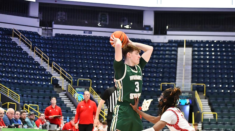 Wright State's Alex Huibregtse looks to make a pass during a game earlier this season. He scored a season-high 21 points in Saturday's win. Wright State Athletics photo